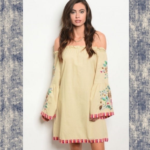 Boho Shoulder Embroidered Bell Sleeve Dress - Picture 1 of 8
